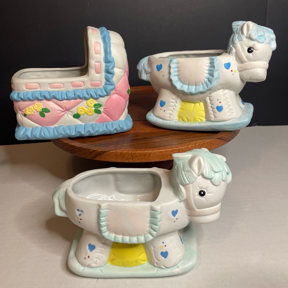Vintage Ceramic Planters Set Baby/Nursery Theme. Bassinet. Horse. Set of 3.